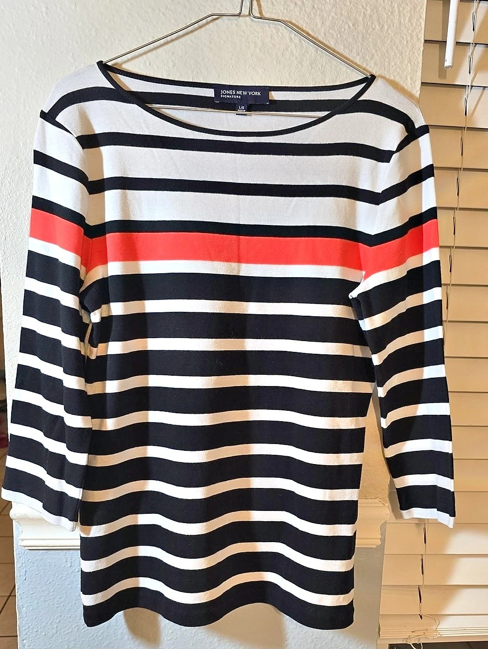 Jones New York Striped Long Sleeve Top in Black & White Size Large